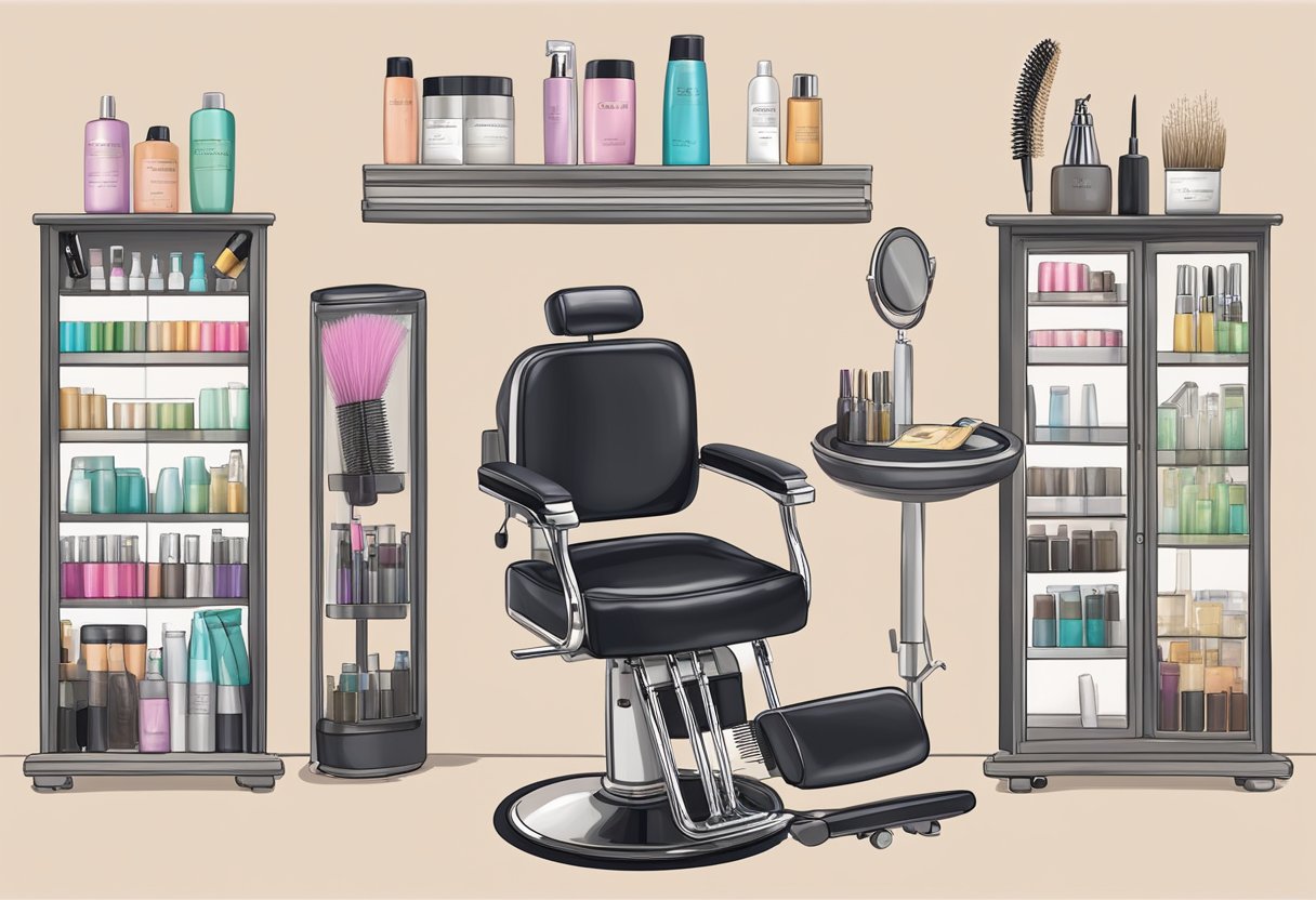 A salon chair with hair extension tools and products displayed, price list visible
