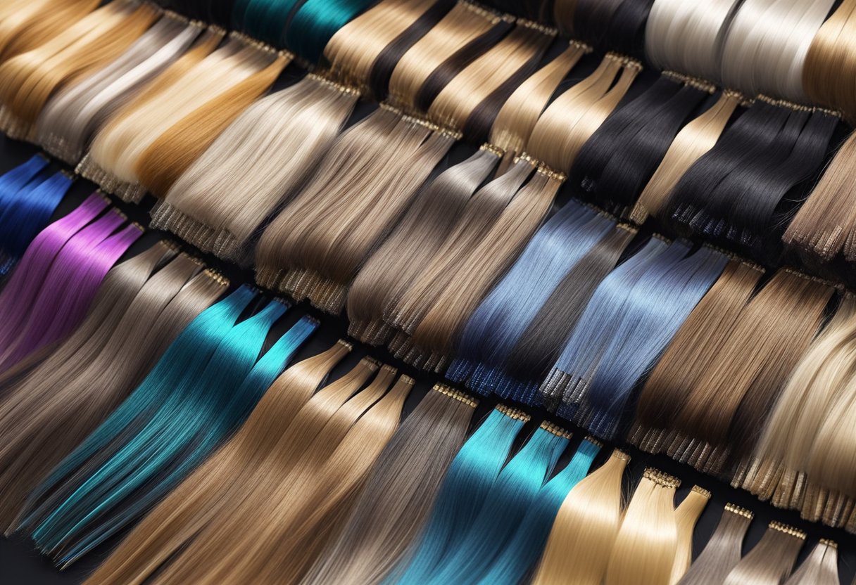 A pile of hair extensions in various lengths and colors, neatly arranged on a table with price tags next to each bundle